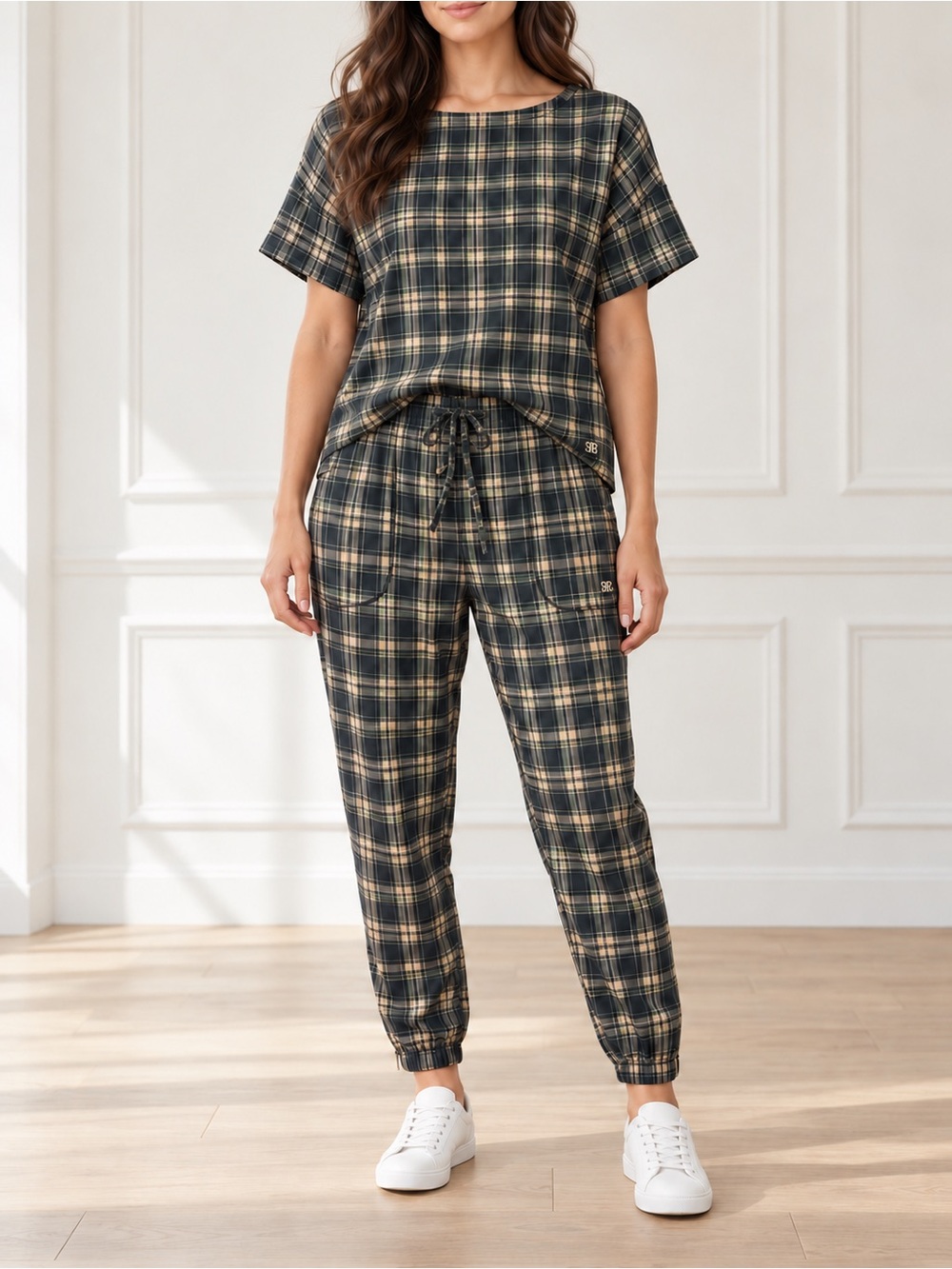 Albion 2-Piece Set Boss Tee Jetsetter Jogger M Green Black Plaid Stretch Travel